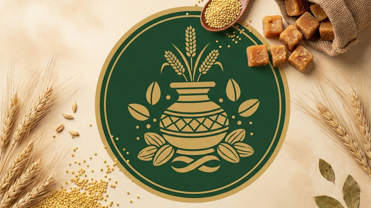 Rasaalaya branding with a pot, grains, and caramels on a beige background