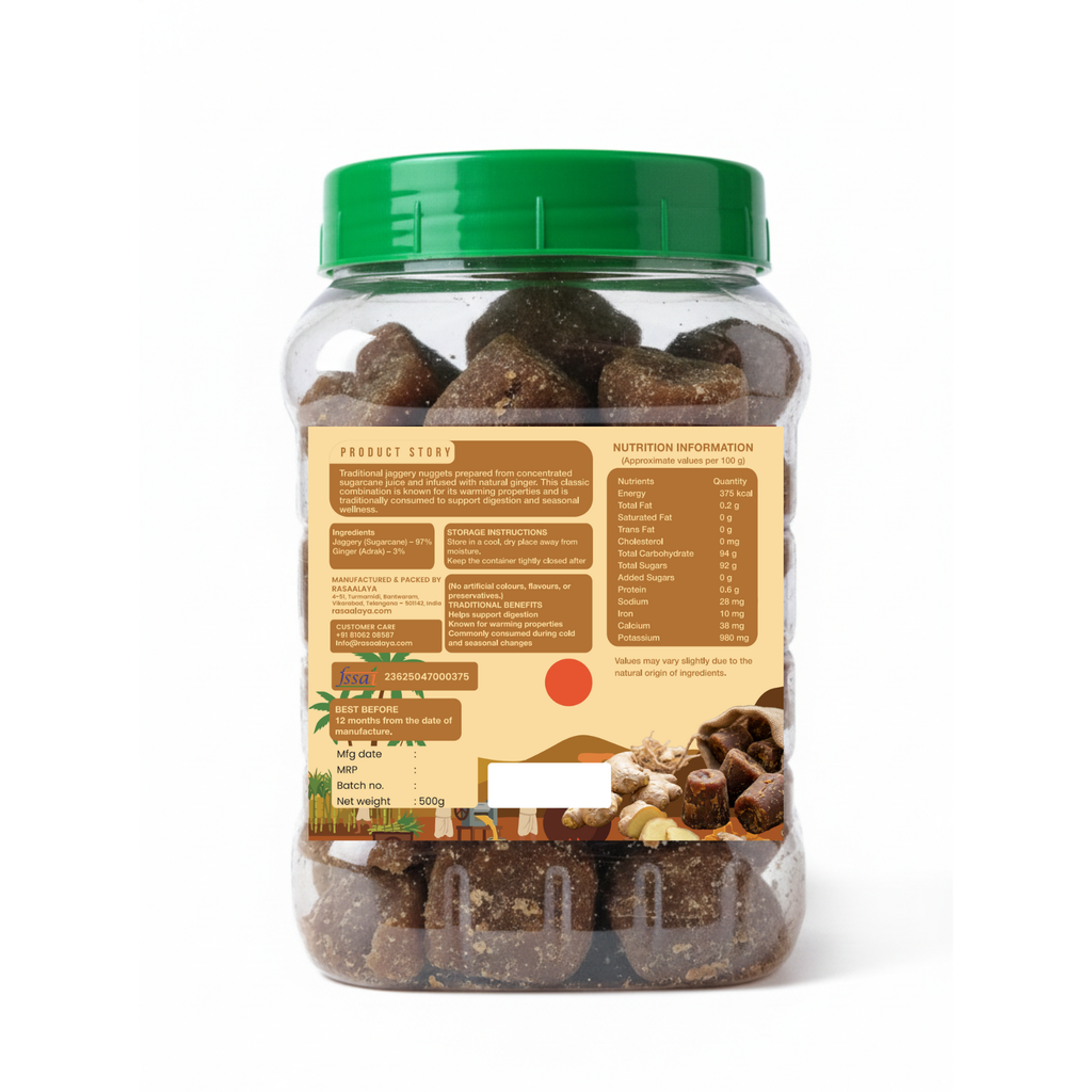 Rasaalaya Organic Jaggery Nuggets with Ginger – 500 g