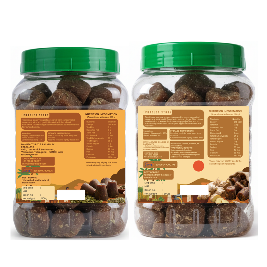 Rasaalaya Organic Jaggery Nuggets Combo – 1 kg (2 × 500 g)|Two flavours. One conscious sweetness.