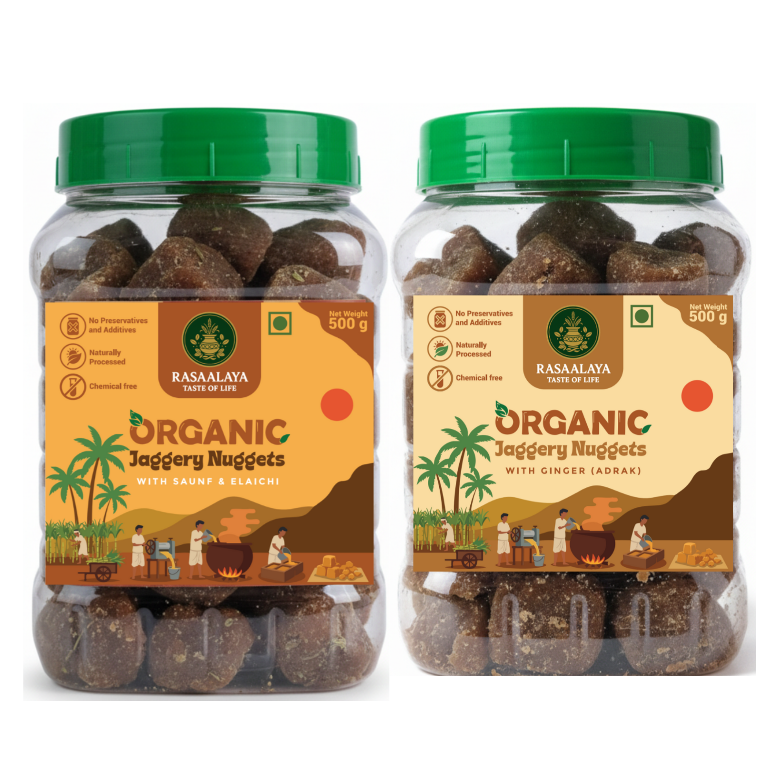 Rasaalaya Organic Jaggery Nuggets Combo – 1 kg (2 × 500 g)|Two flavours. One conscious sweetness.